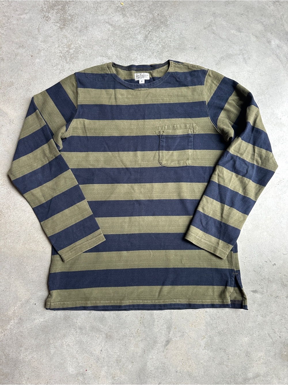 Striped Long Sleeve Pocket Tee in Olive & Navy
